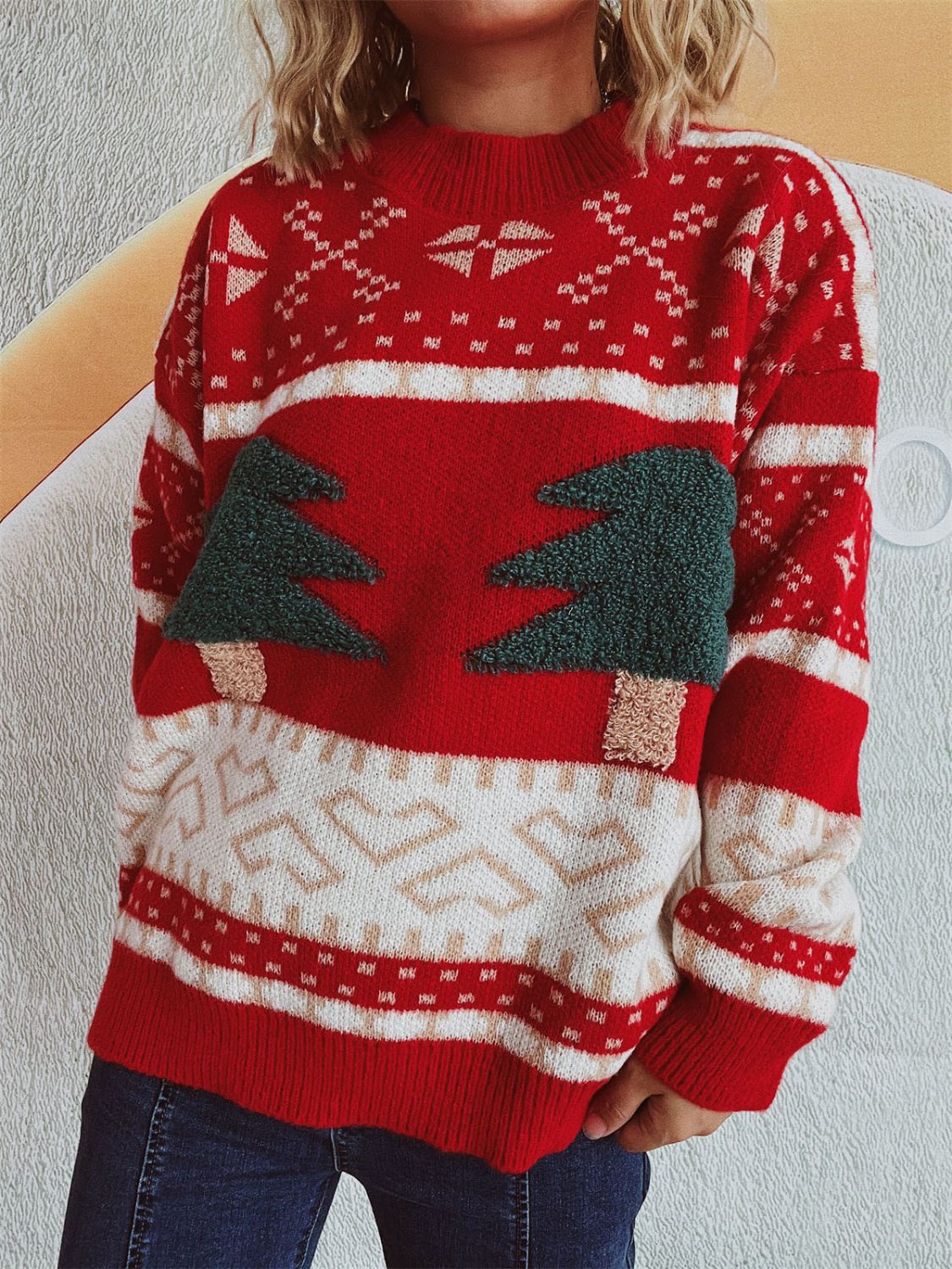 Christmas Tree Mock Neck Long Sleeve Sweater - Bella Blue Styles