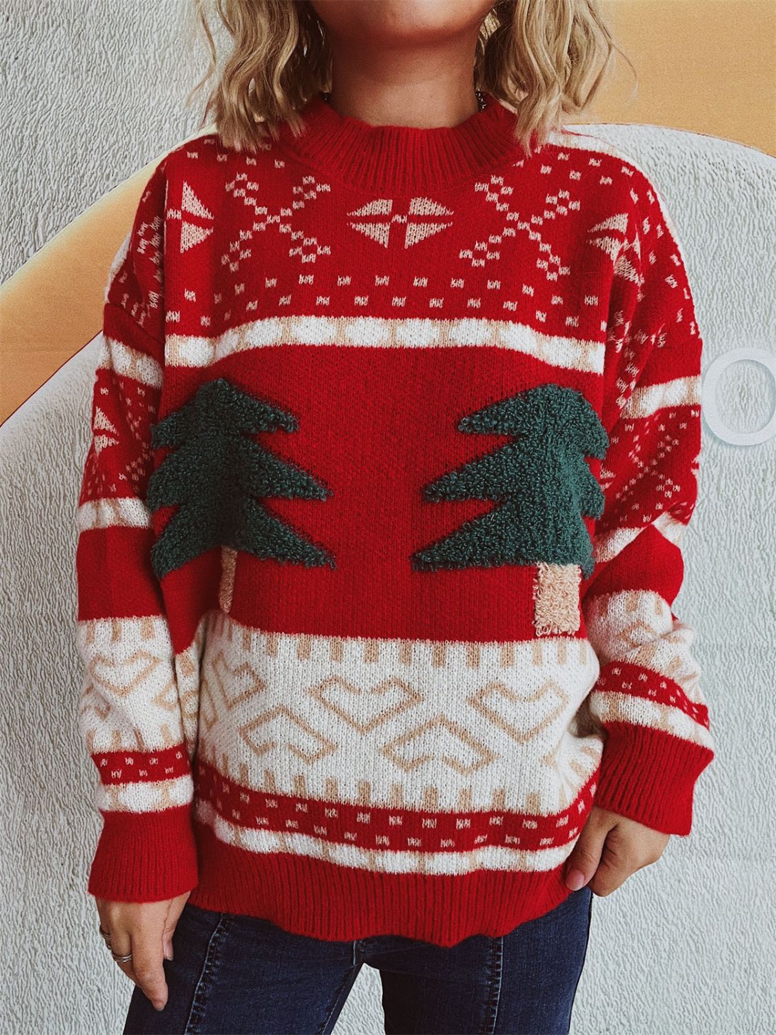 Christmas Tree Mock Neck Long Sleeve Sweater - Bella Blue Styles