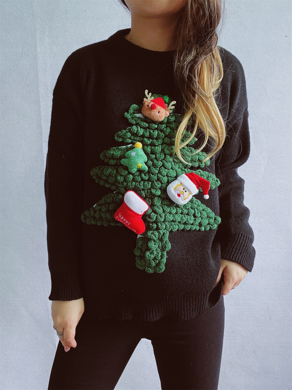 Christmas Tree Round Neck Long Sleeve Sweater - Bella Blue Styles