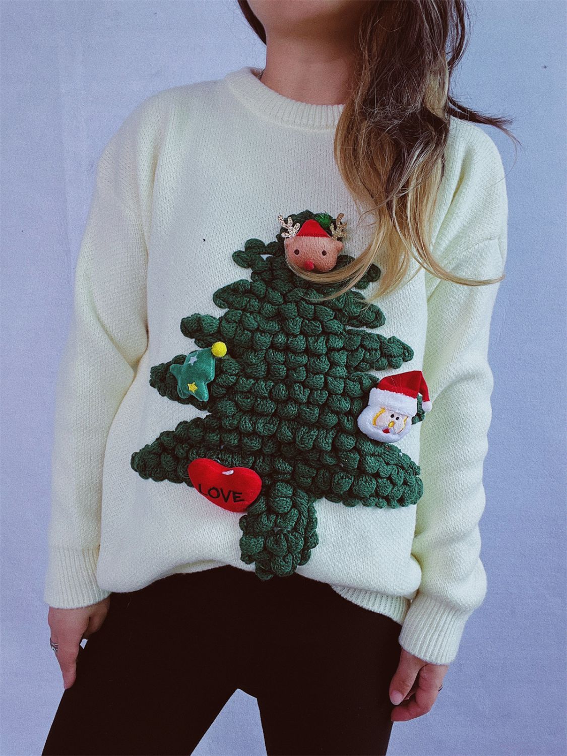 Christmas Tree Round Neck Long Sleeve Sweater - Bella Blue Styles