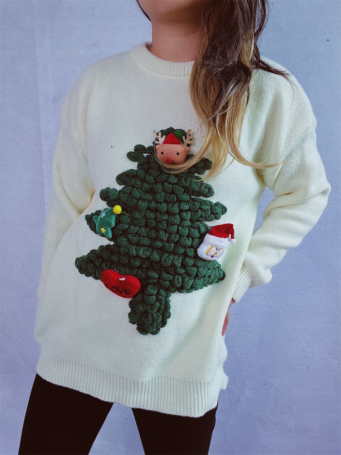 Christmas Tree Round Neck Long Sleeve Sweater - Bella Blue Styles