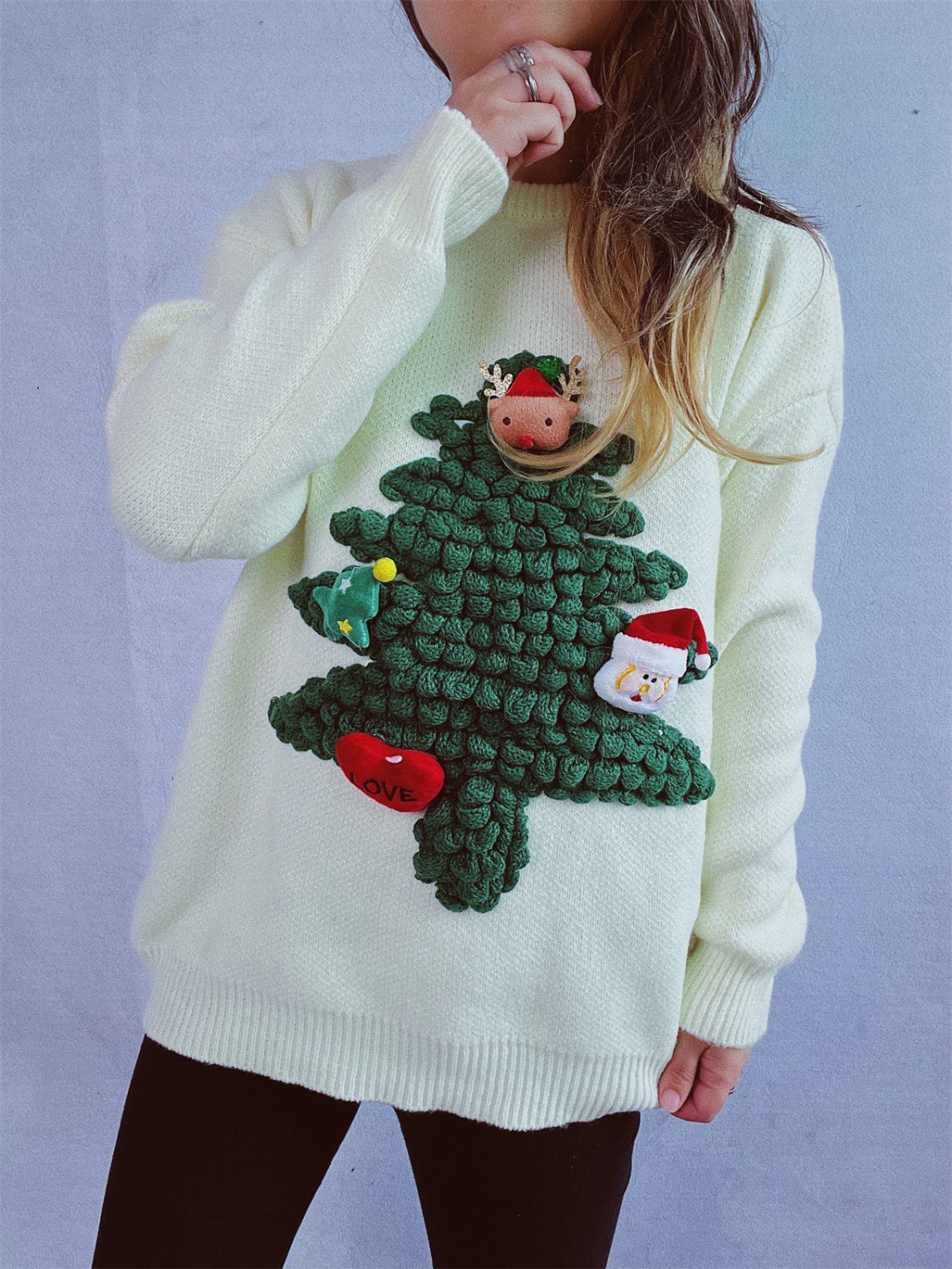 Christmas Tree Round Neck Long Sleeve Sweater - Bella Blue Styles