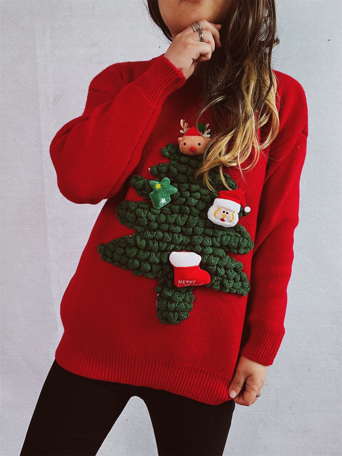 Christmas Tree Round Neck Long Sleeve Sweater - Bella Blue Styles