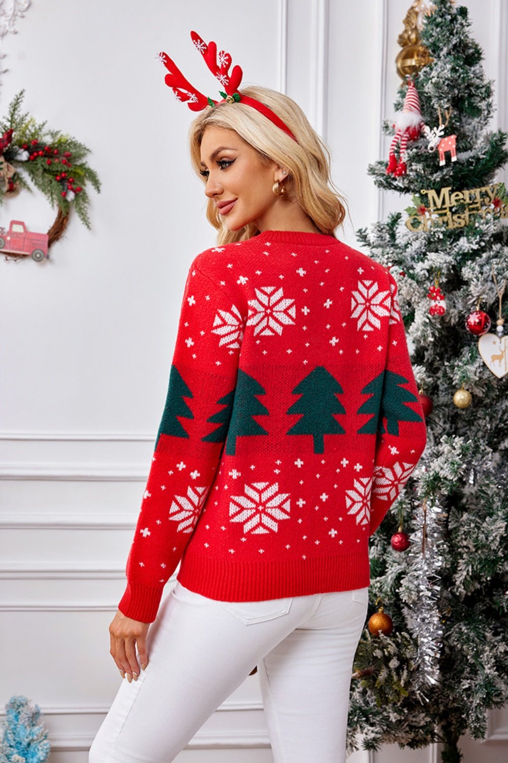 Christmas Tree Round Neck Long Sleeve Sweater - Bella Blue Styles
