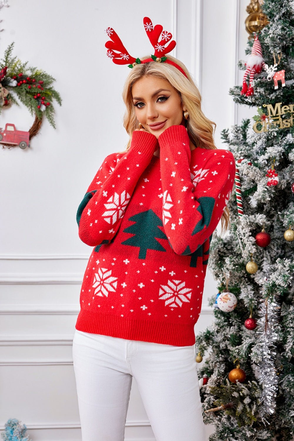 Christmas Tree Round Neck Long Sleeve Sweater - Bella Blue Styles
