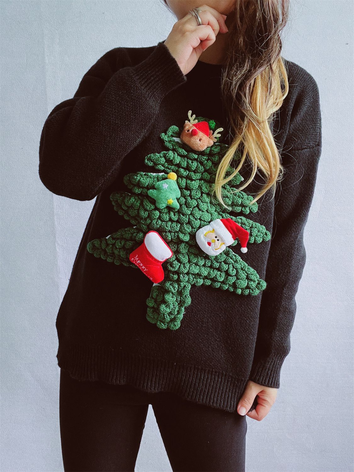 Christmas Tree Round Neck Long Sleeve Sweater - Bella Blue Styles