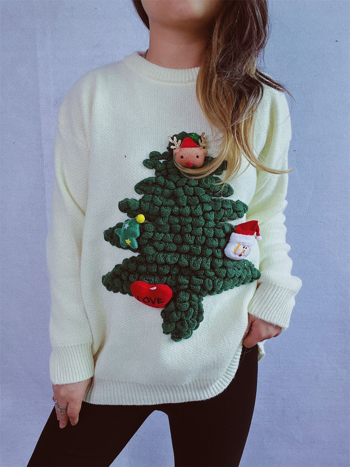 Christmas Tree Round Neck Long Sleeve Sweater - Bella Blue Styles