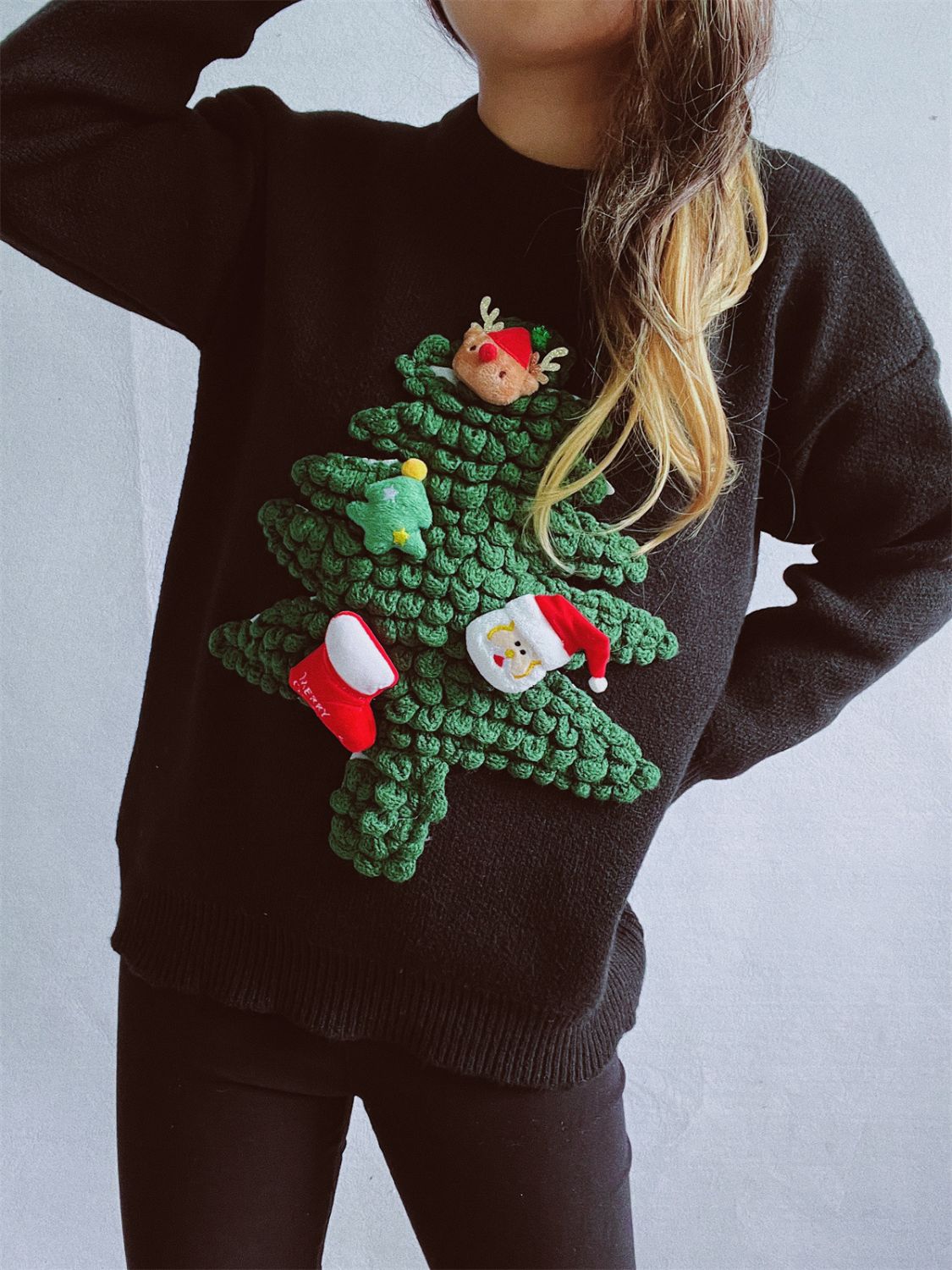 Christmas Tree Round Neck Long Sleeve Sweater - Bella Blue Styles