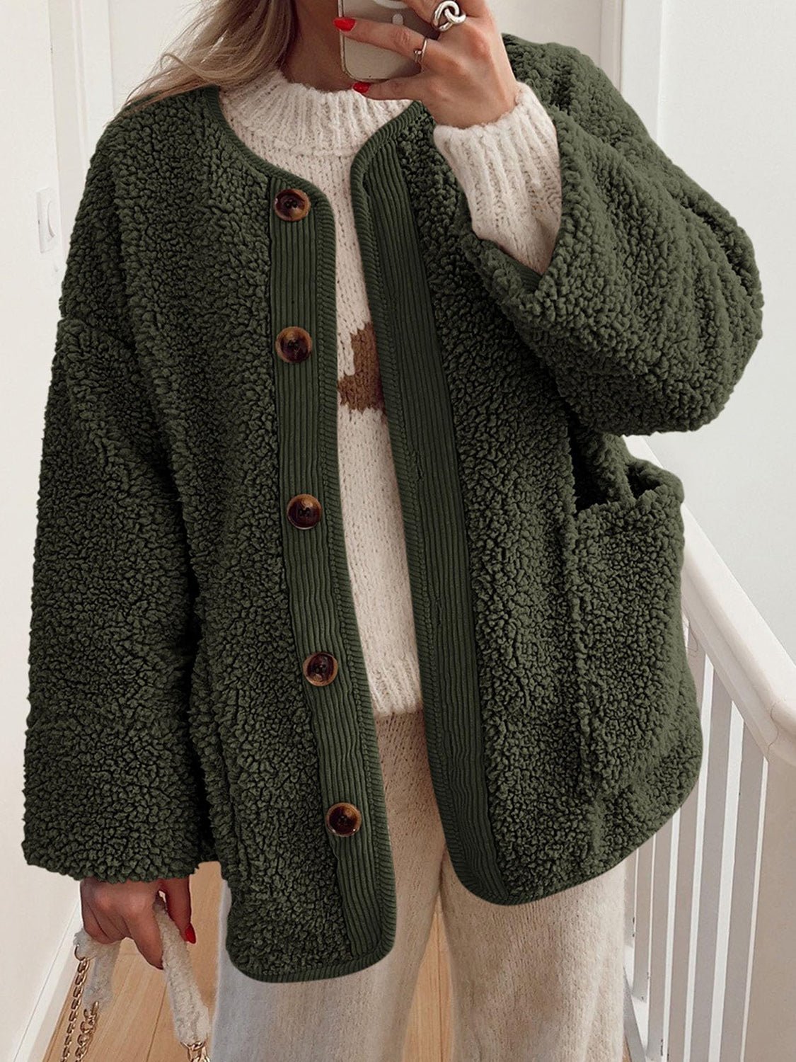 Contrast Button Up Sherpa Jacket with Pockets - Bella Blue Styles