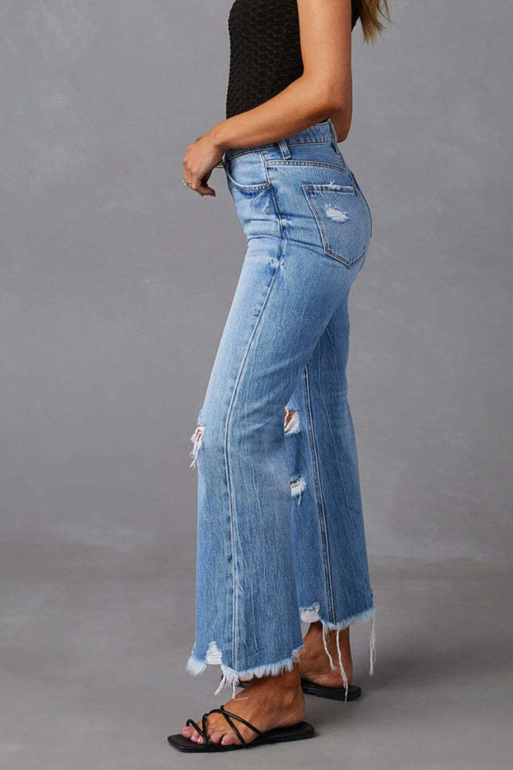Distressed Raw Hem Jeans with Pockets - Bella Blue Styles