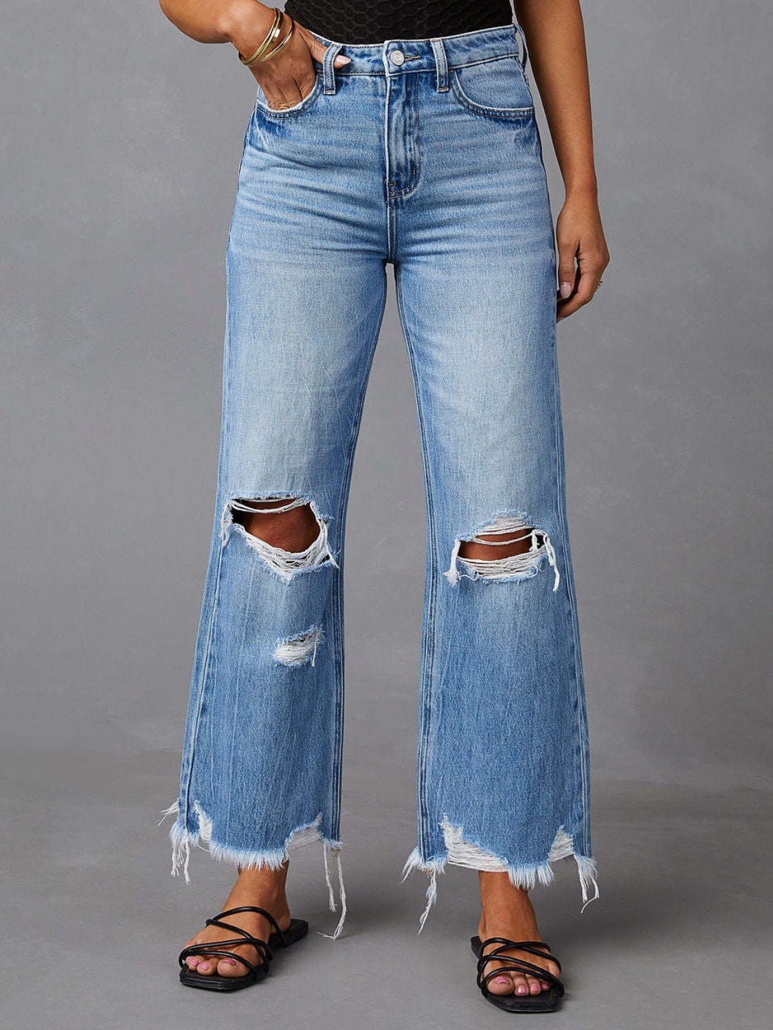 Distressed Raw Hem Jeans with Pockets - Bella Blue Styles