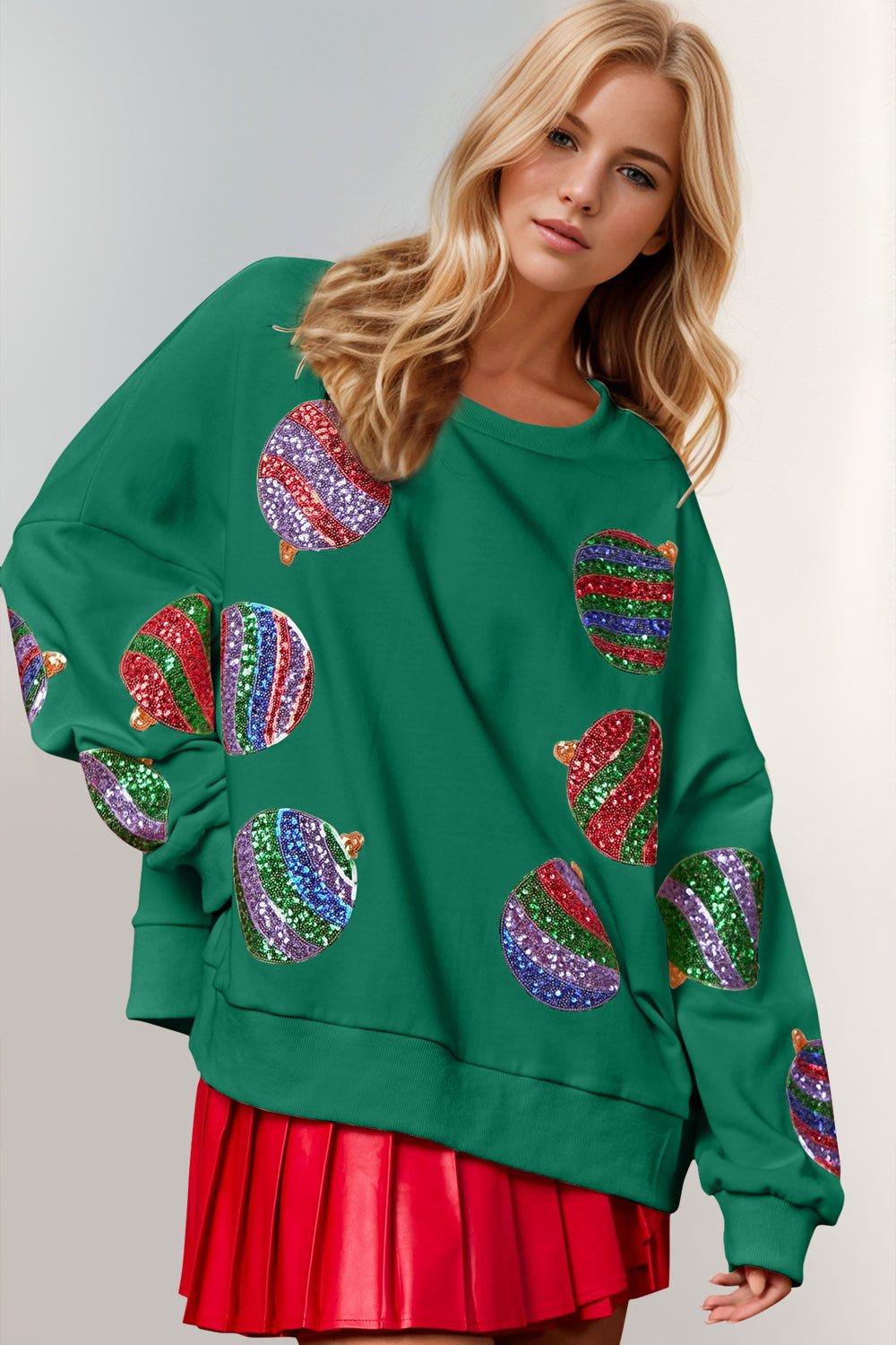 Double Take Christmas Element Sequin Round Neck Long Sleeve Sweatshirt - Bella Blue Styles