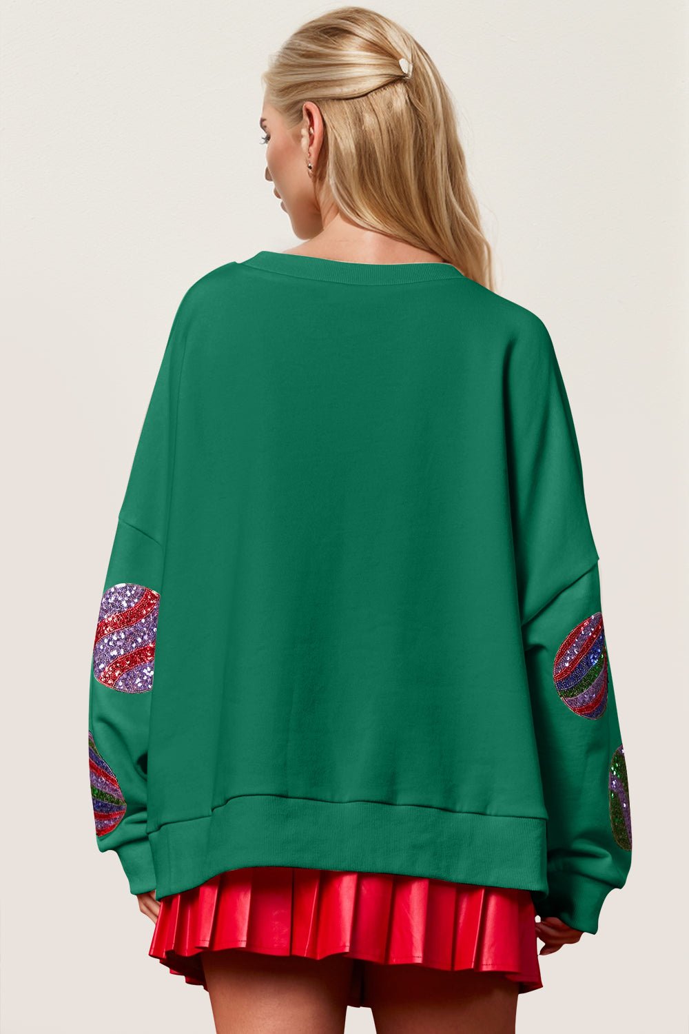 Double Take Christmas Element Sequin Round Neck Long Sleeve Sweatshirt - Bella Blue Styles