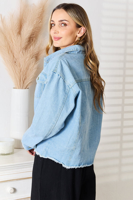 Double Take Dropped Shoulder Raw Hem Denim Jacket - Bella Blue Styles