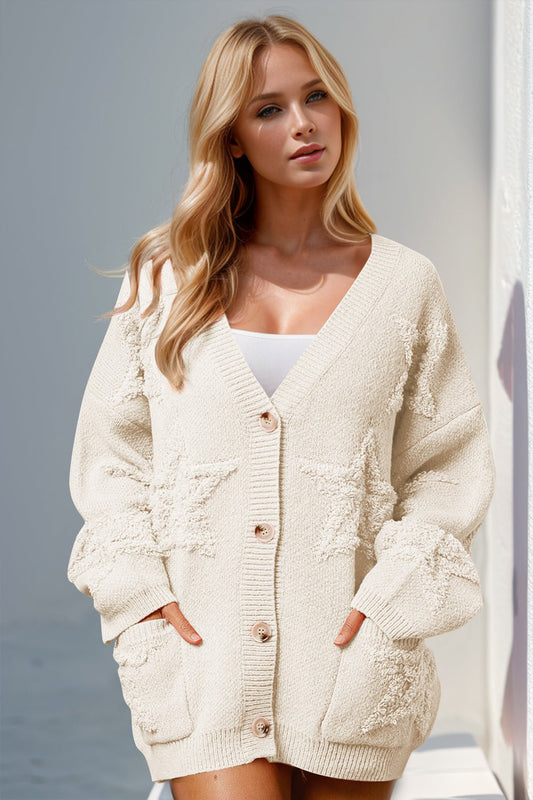 Double Take Full Size Button Up Star Pattern Cardigan - Bella Blue Styles