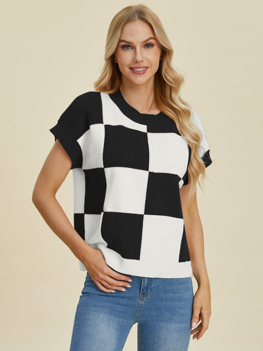 Double Take Full Size Checkered Round Neck Short Sleeve Sweater - Bella Blue Styles