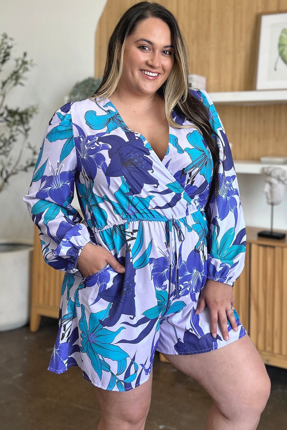 Double Take Full Size Floral Long Sleeve Romper with Pockets - Bella Blue Styles
