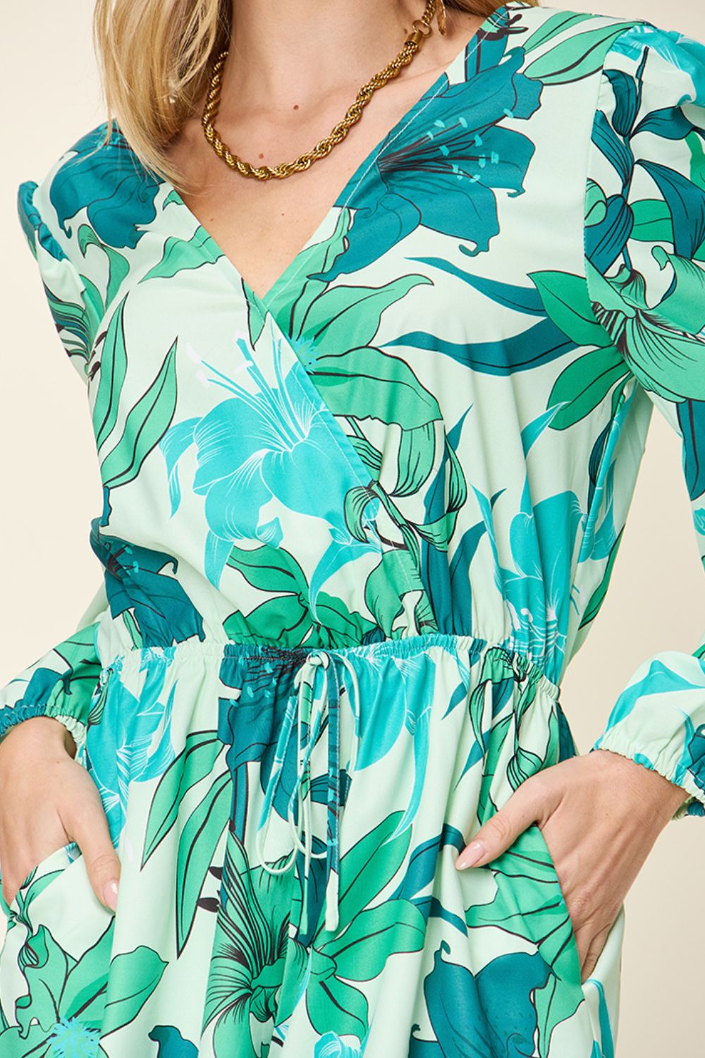 Double Take Full Size Floral Long Sleeve Romper with Pockets - Bella Blue Styles
