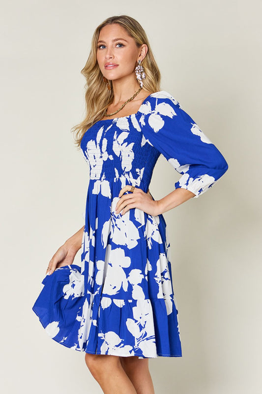 Double Take Full Size Floral Ruffle Hem Smocked Dress with Pockets - Bella Blue Styles