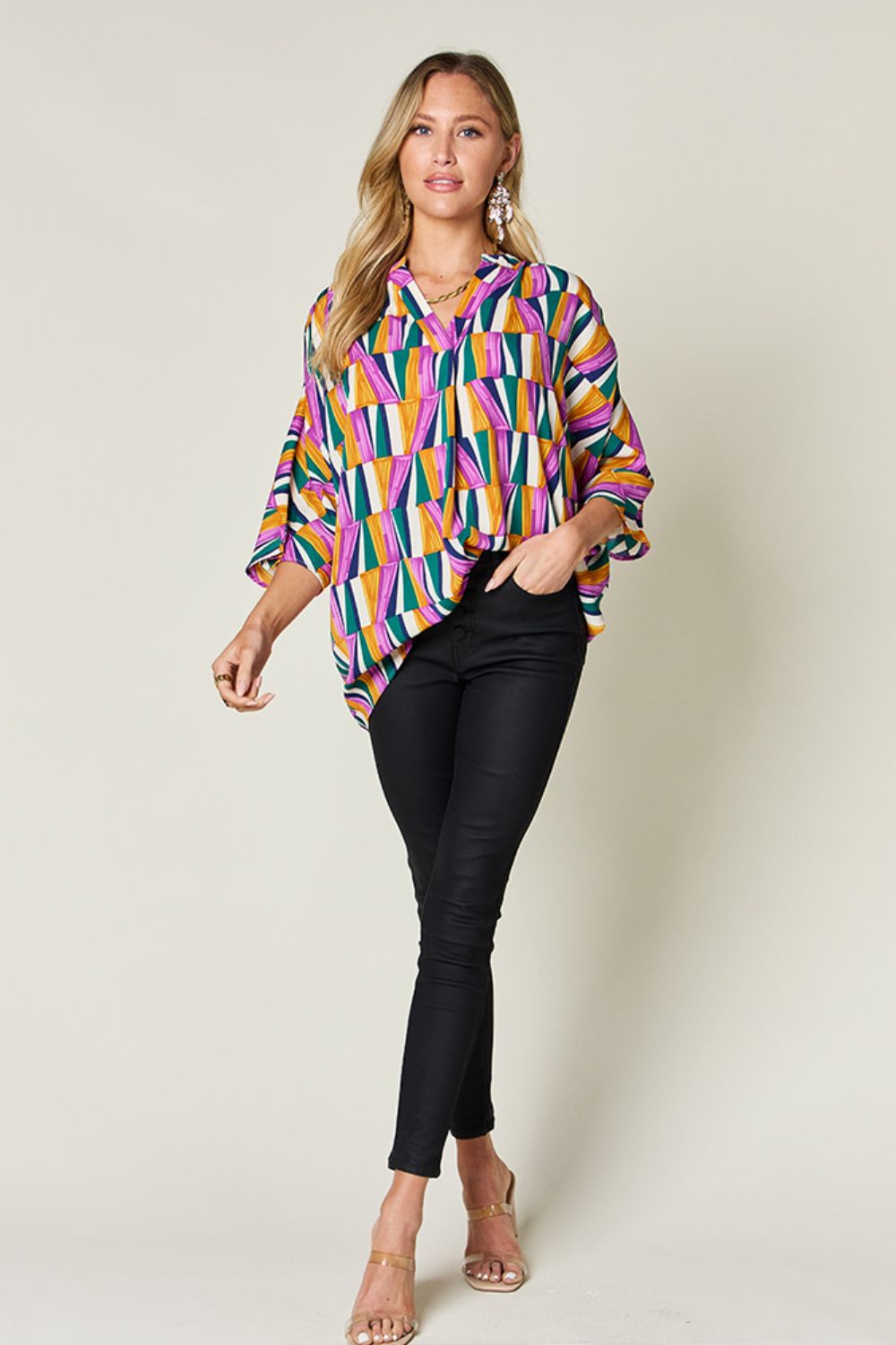 Double Take Full Size Geometric Notched Dolman Sleeve Top - Bella Blue Styles