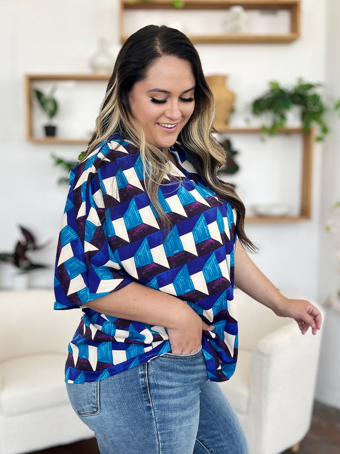 Double Take Full Size Geometric Notched Half Sleeve Blouse - Bella Blue Styles
