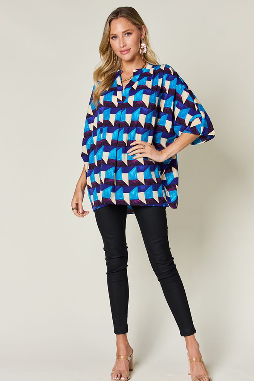 Double Take Full Size Geometric Notched Half Sleeve Blouse - Bella Blue Styles