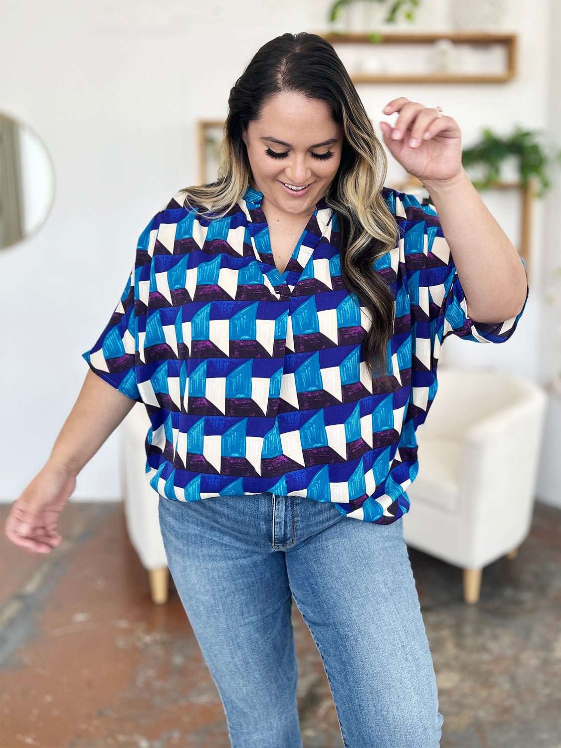 Double Take Full Size Geometric Notched Half Sleeve Blouse - Bella Blue Styles