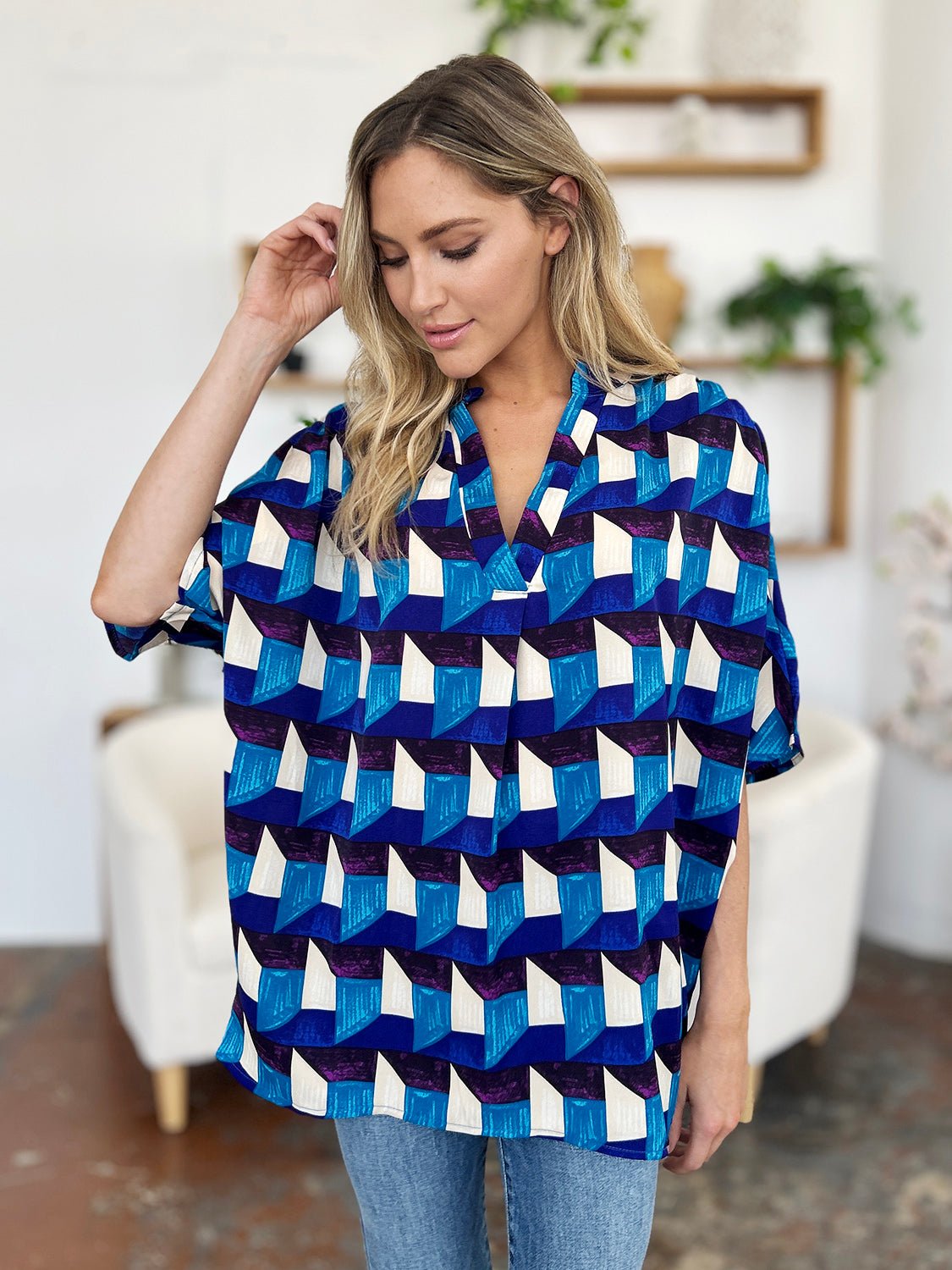 Double Take Full Size Geometric Notched Half Sleeve Blouse - Bella Blue Styles