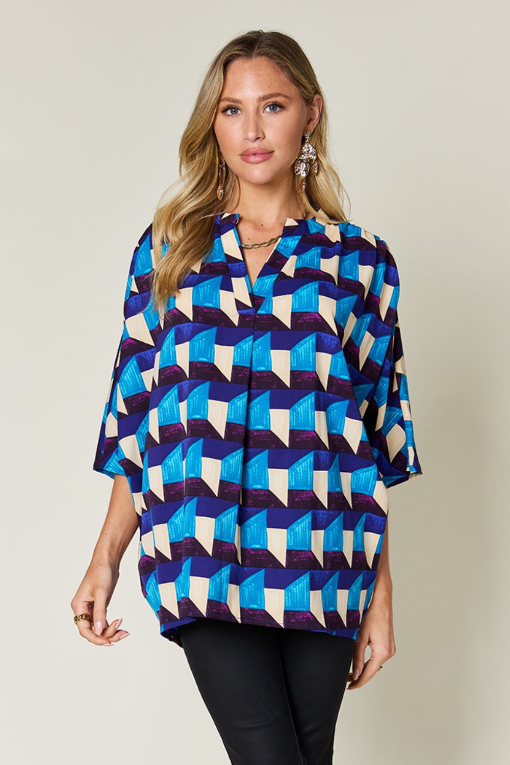 Double Take Full Size Geometric Notched Half Sleeve Blouse - Bella Blue Styles
