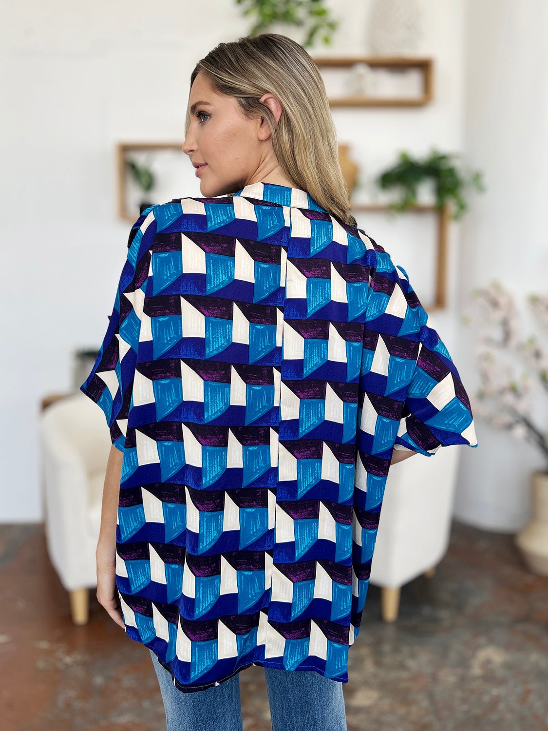 Double Take Full Size Geometric Notched Half Sleeve Blouse - Bella Blue Styles