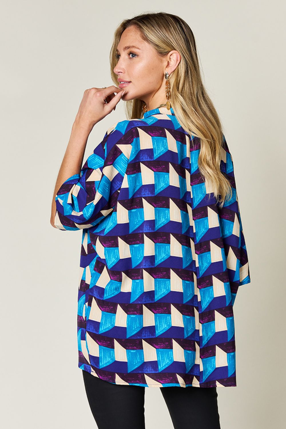 Double Take Full Size Geometric Notched Half Sleeve Blouse - Bella Blue Styles