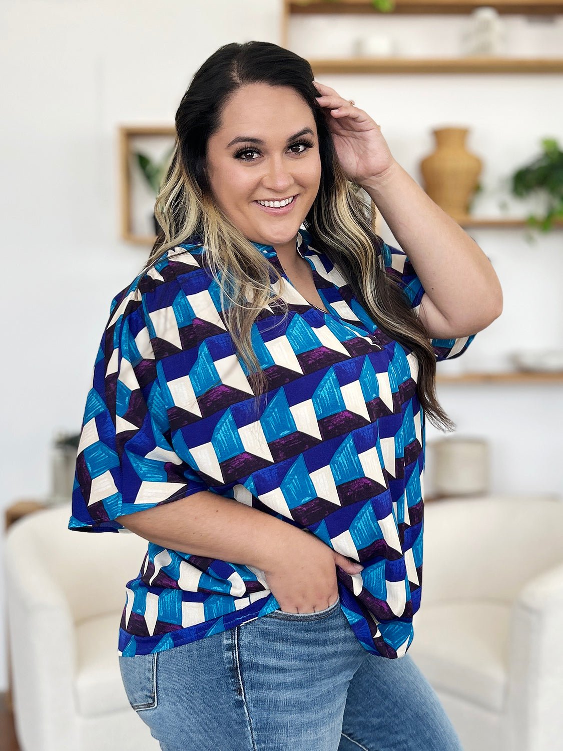 Double Take Full Size Geometric Notched Half Sleeve Blouse - Bella Blue Styles