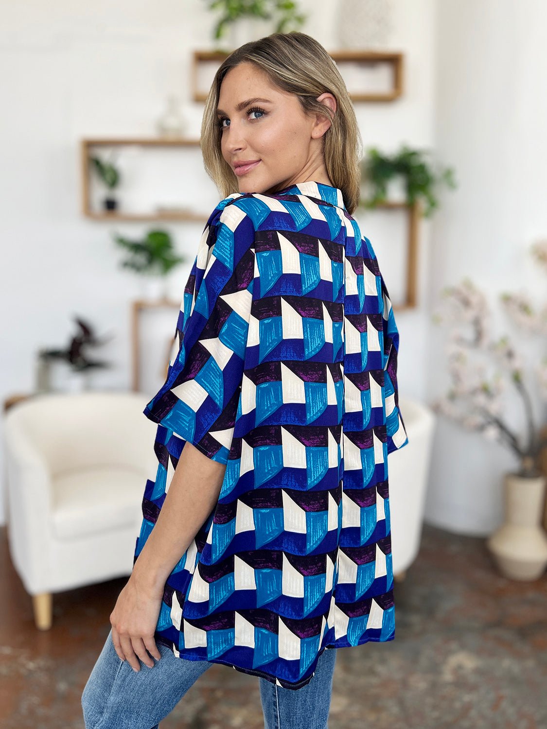 Double Take Full Size Geometric Notched Half Sleeve Blouse - Bella Blue Styles