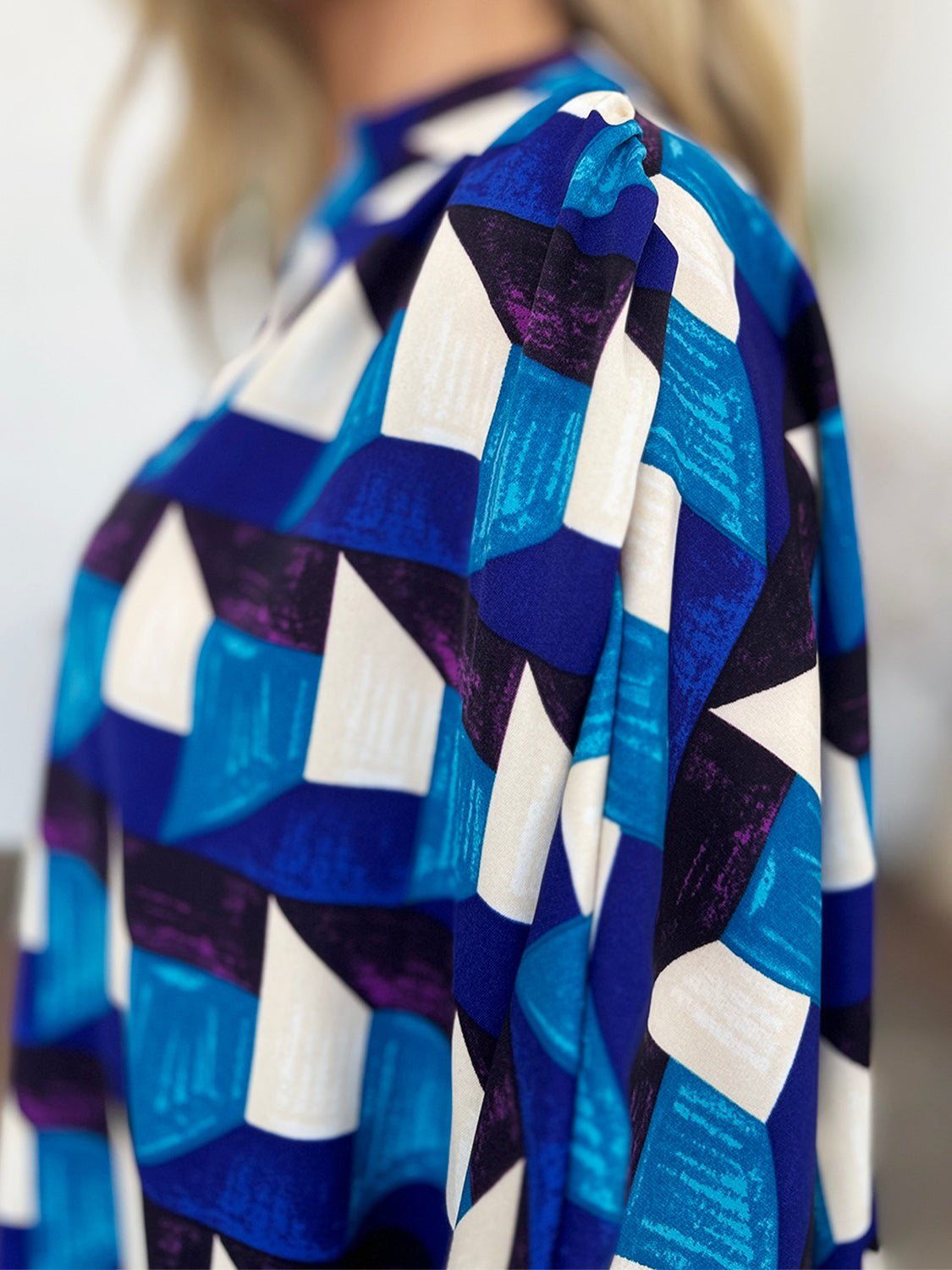 Double Take Full Size Geometric Notched Half Sleeve Blouse - Bella Blue Styles