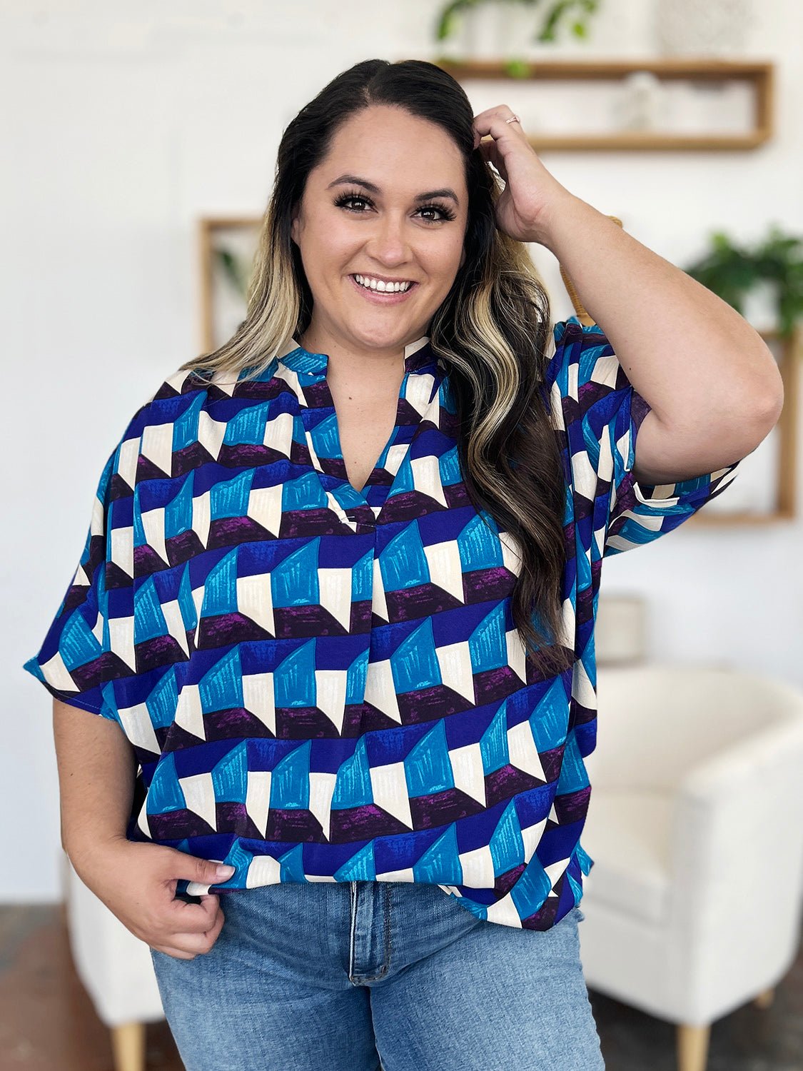 Double Take Full Size Geometric Notched Half Sleeve Blouse - Bella Blue Styles