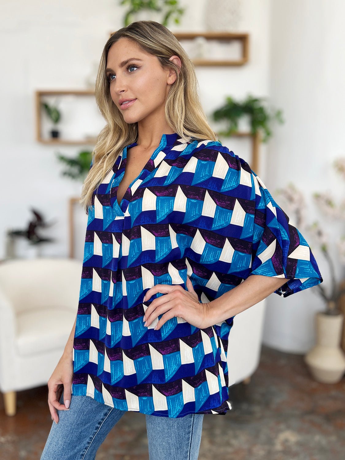 Double Take Full Size Geometric Notched Half Sleeve Blouse - Bella Blue Styles
