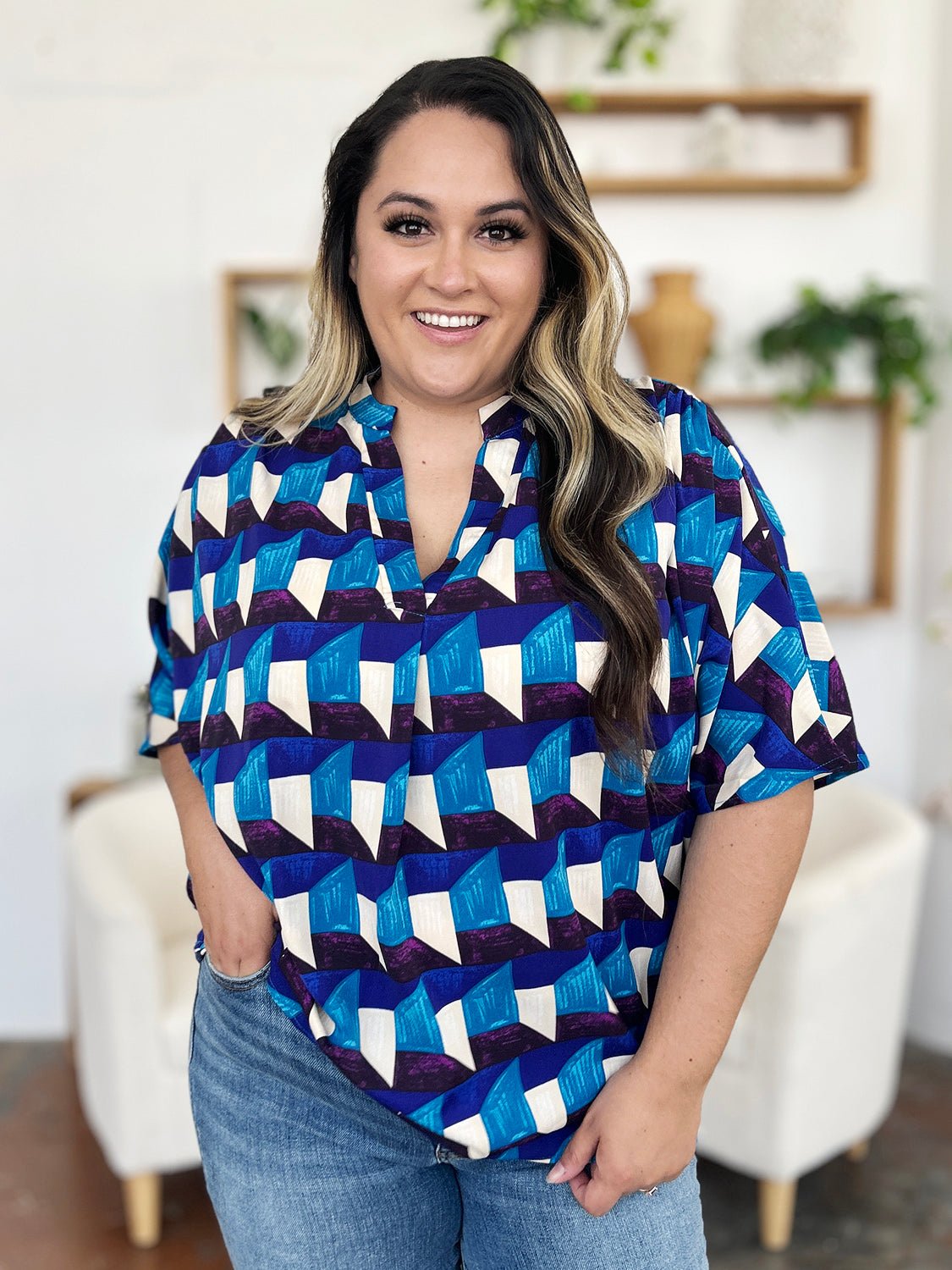 Double Take Full Size Geometric Notched Half Sleeve Blouse - Bella Blue Styles