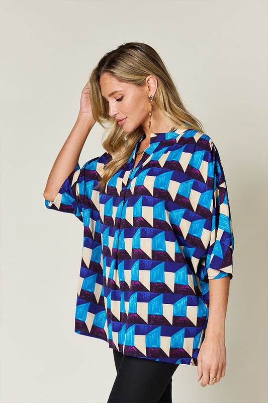 Double Take Full Size Geometric Notched Half Sleeve Blouse - Bella Blue Styles