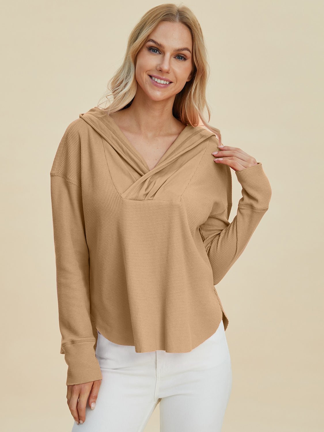Double Take Full Size High - Low Dropped Shoulder Long Sleeve Hoodie - Bella Blue Styles