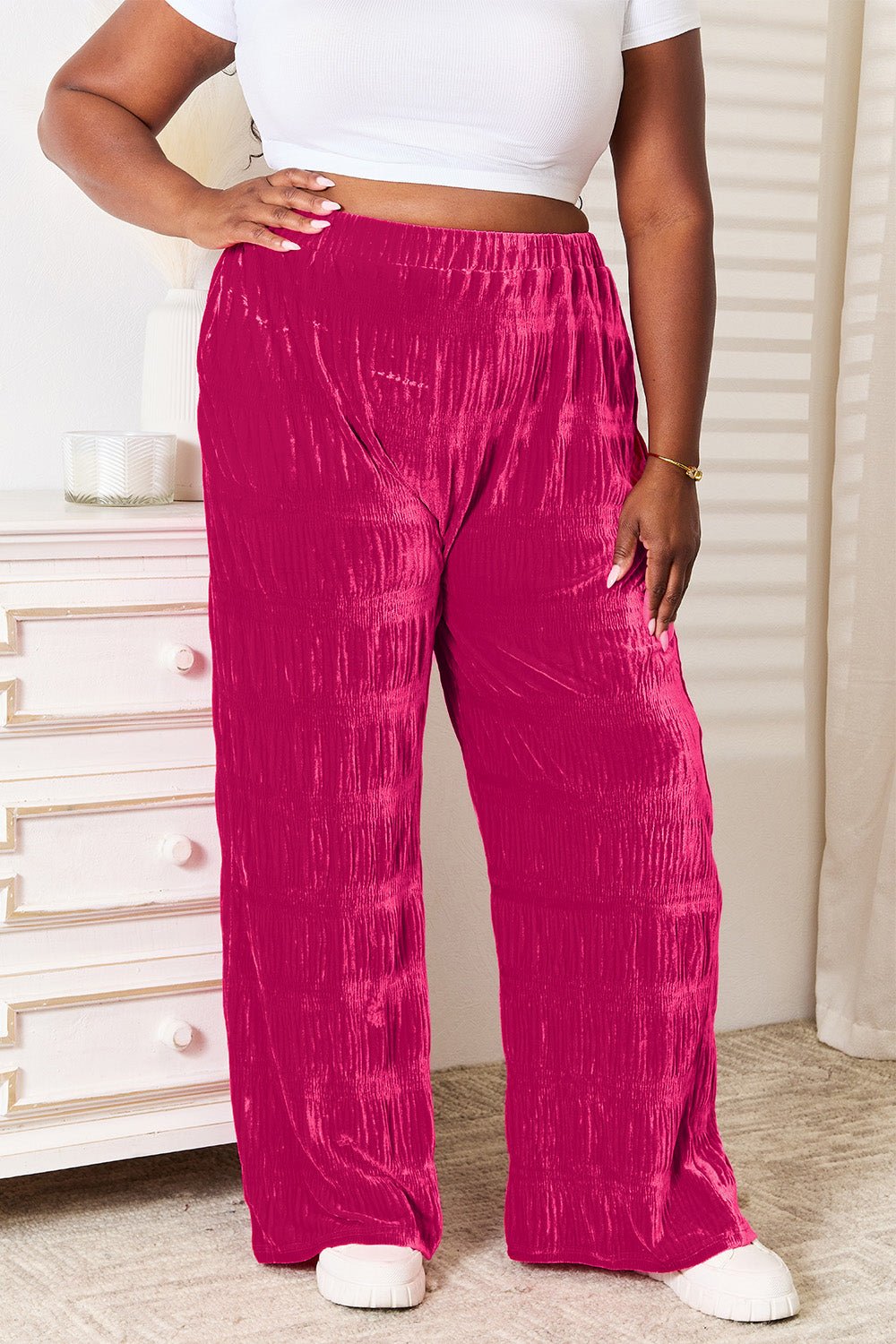 Double Take Full Size High Waist Tiered Shirring Velvet Wide Leg Pants - Bella Blue Styles