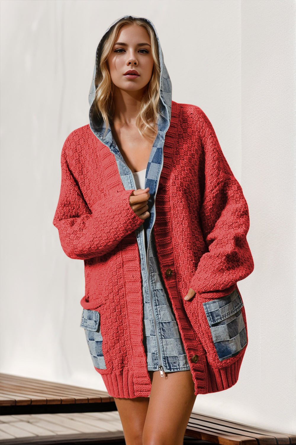 Double Take Full Size Hooded Denim Spliced Sweater Cardigan - Bella Blue Styles