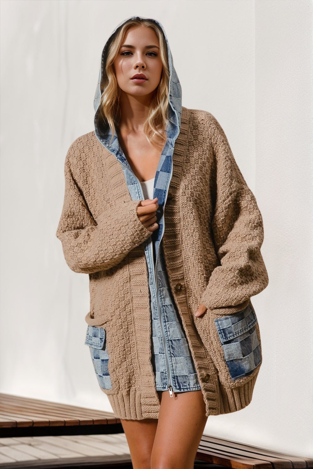 Double Take Full Size Hooded Denim Spliced Sweater Cardigan - Bella Blue Styles