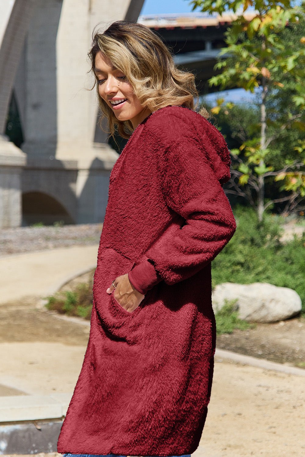 Double Take Full Size Hooded Teddy Bear Jacket with Thumbholes - Bella Blue Styles
