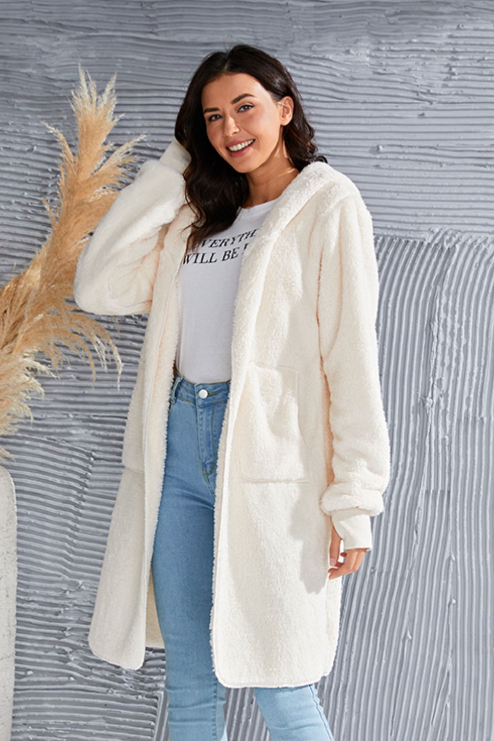 Double Take Full Size Hooded Teddy Bear Jacket with Thumbholes - Bella Blue Styles