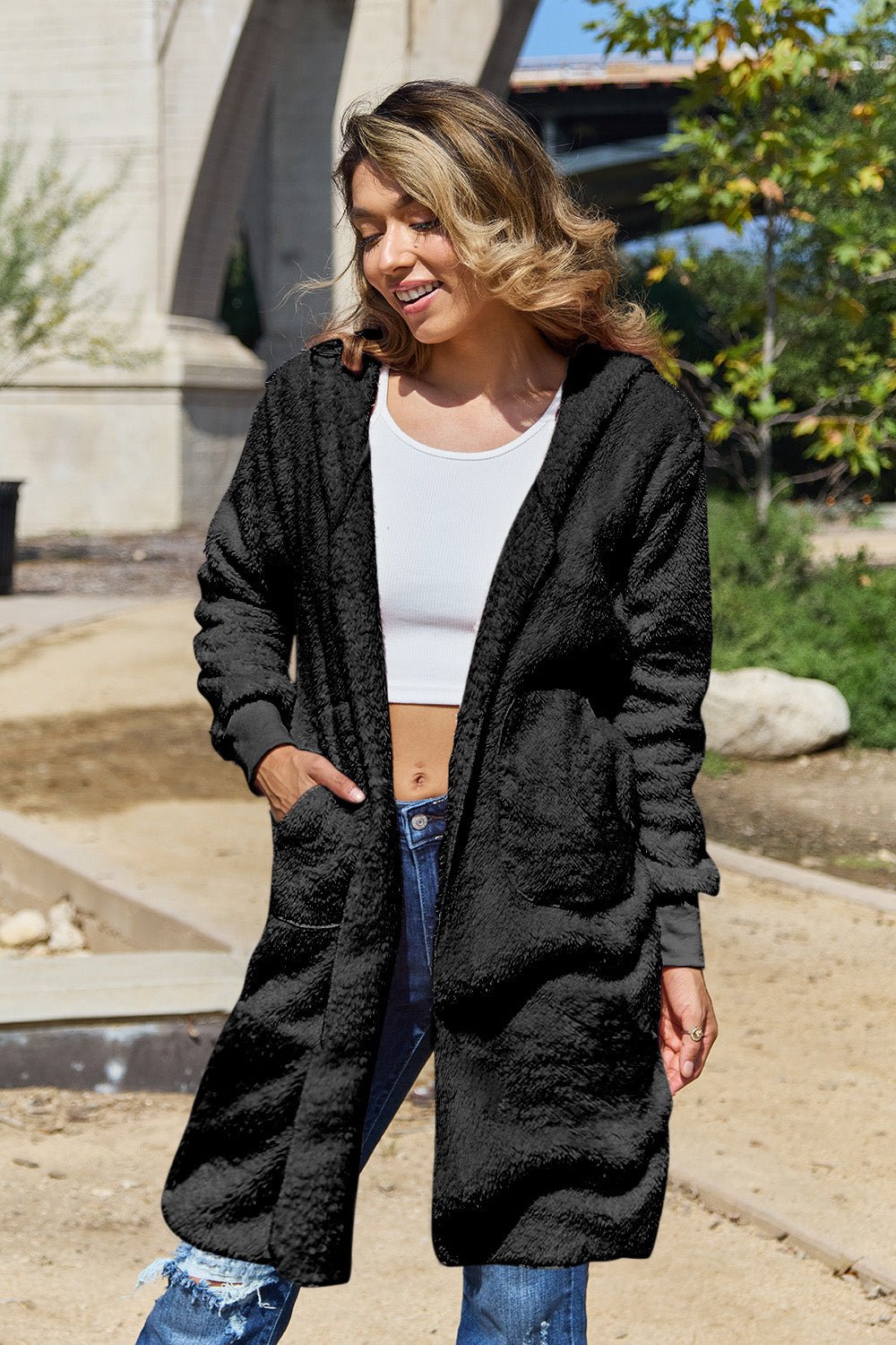 Double Take Full Size Hooded Teddy Bear Jacket with Thumbholes - Bella Blue Styles