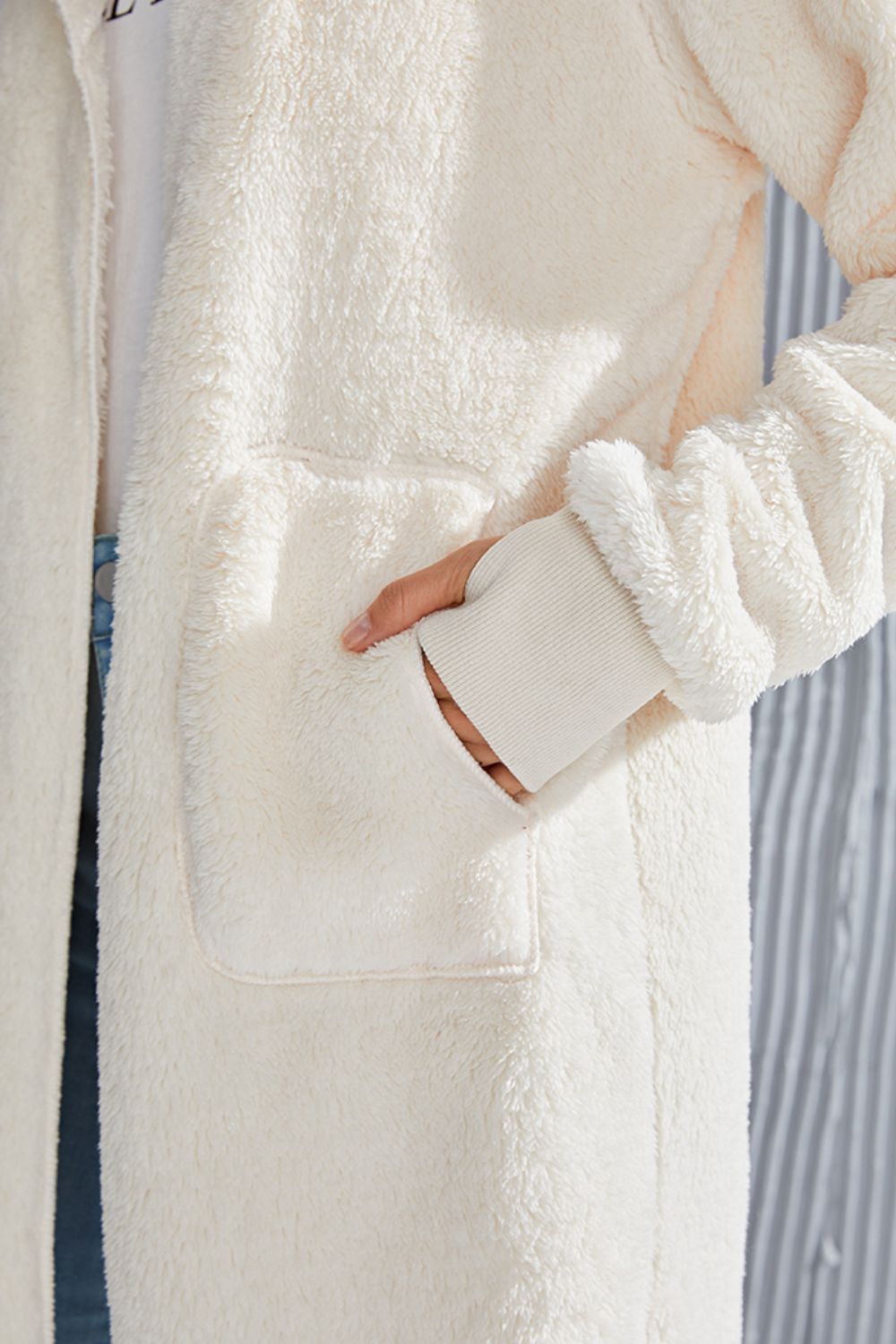 Double Take Full Size Hooded Teddy Bear Jacket with Thumbholes - Bella Blue Styles