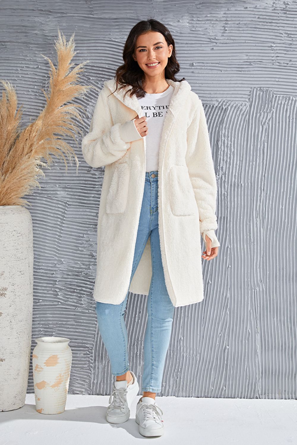 Double Take Full Size Hooded Teddy Bear Jacket with Thumbholes - Bella Blue Styles