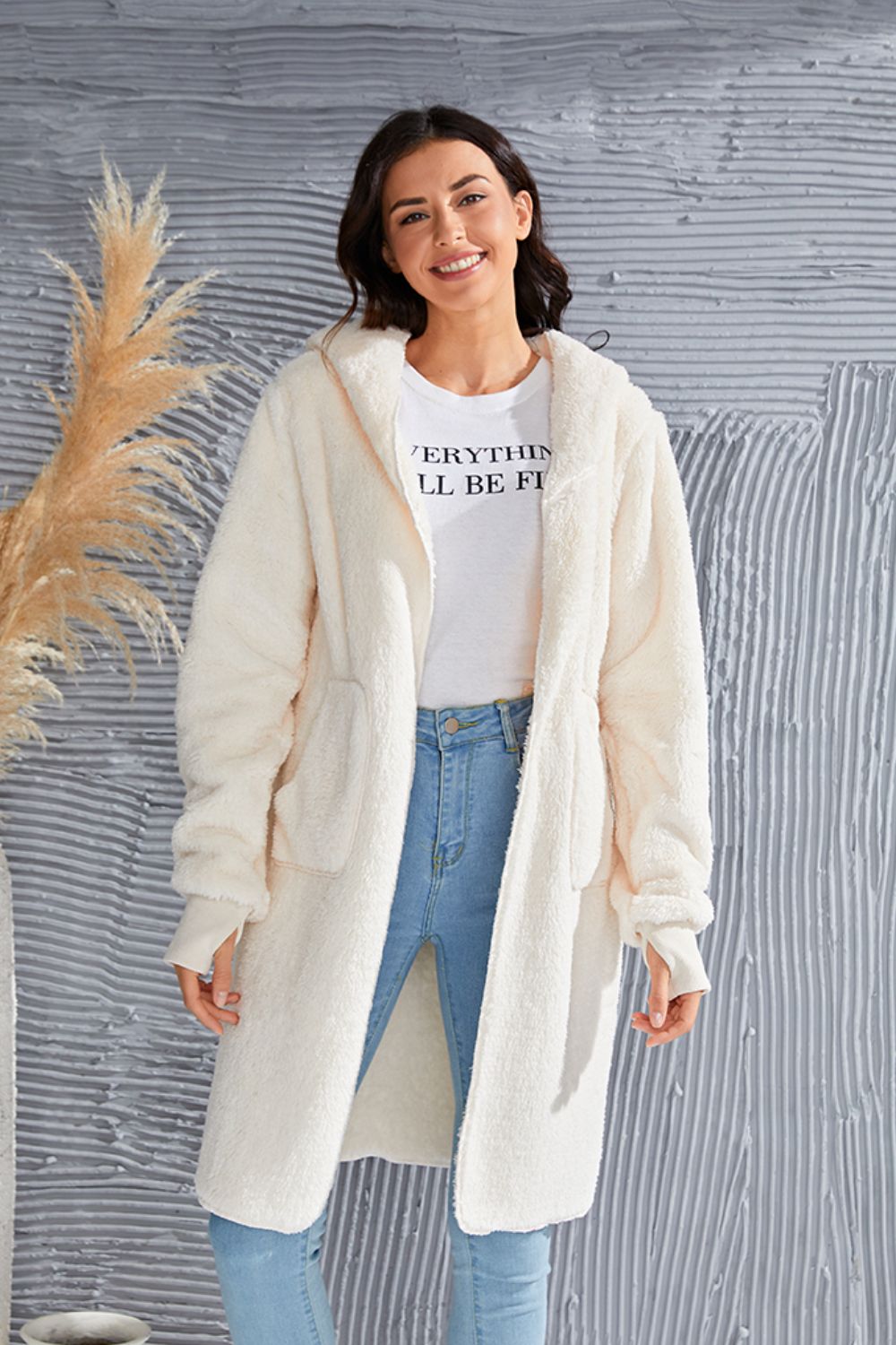 Double Take Full Size Hooded Teddy Bear Jacket with Thumbholes - Bella Blue Styles
