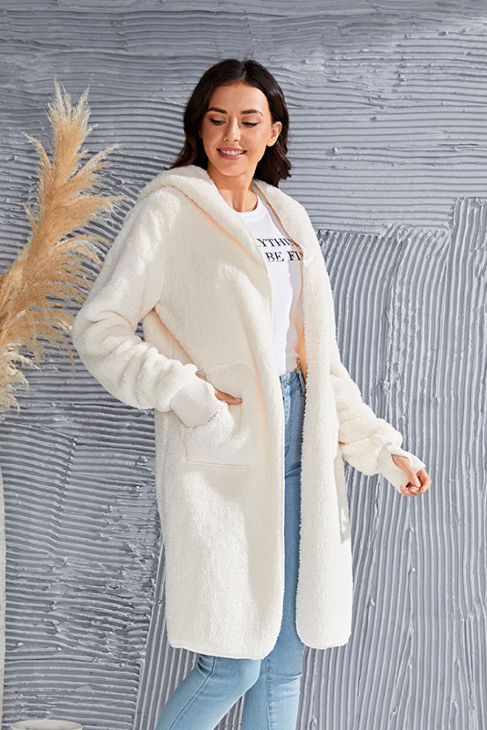 Double Take Full Size Hooded Teddy Bear Jacket with Thumbholes - Bella Blue Styles