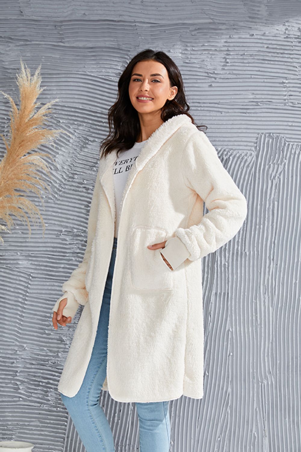 Double Take Full Size Hooded Teddy Bear Jacket with Thumbholes - Bella Blue Styles